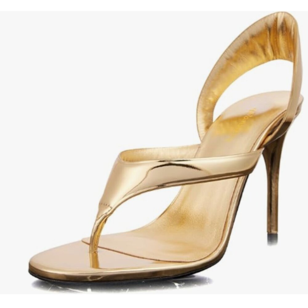 Wansseny Gold Open Split Toe Slingback Thong Stiletto High Heel Slip on Sandals